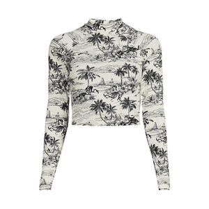 Land's End Long Sleeve Raglan Mock Neck Cropped Fitted Rash Guard Egret Print S
